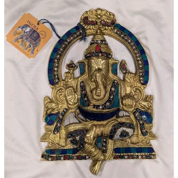 Colorful Brass Ganesh Idol Statue Elephant Murti God Ganesha Vinayak Ganpati - Picture 7 of 9